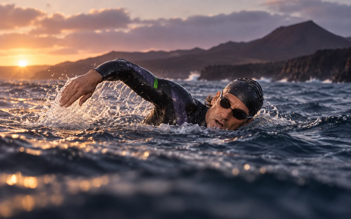 Ausdauersportler beim Freiwasserschwimmen vor Lanzarotes Vulkanlandschaft