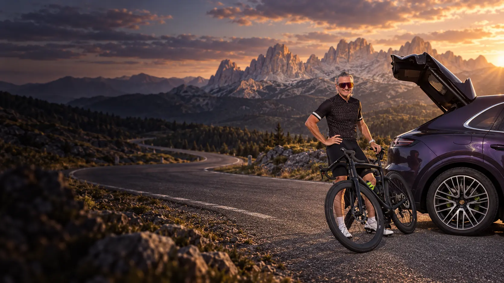 Kornelius mit Rennrad an einer Bergstraße vor den Dolomiten