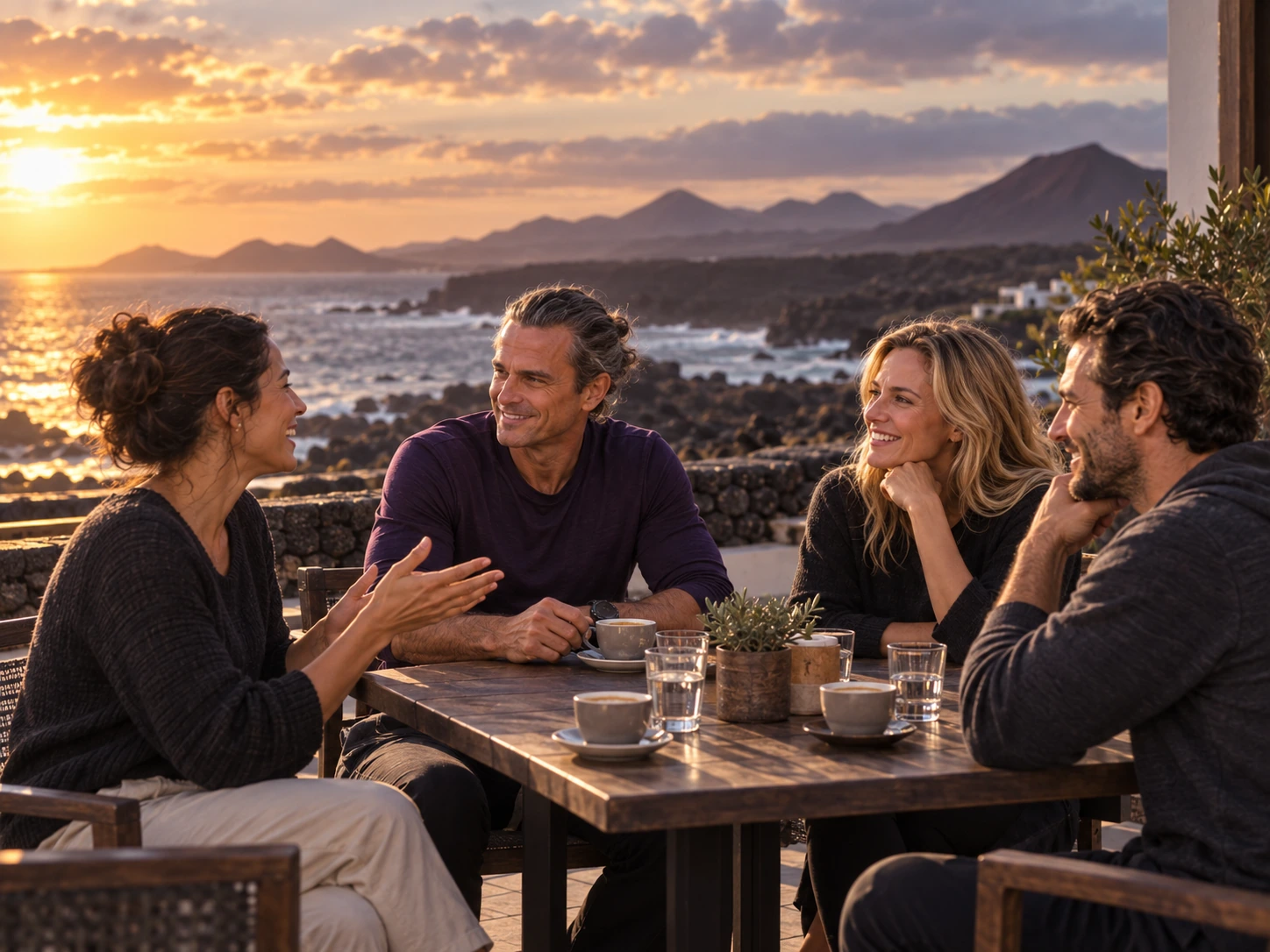 Freunde im Gespräch auf einer Terrasse am Meer.